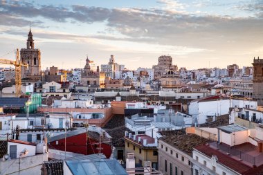 VALENCIA , SPAIN - DECEMBER 6, 2021: aerial cityscape view from Serranos towers on the old town of Valencia city in Spain