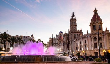 VALENCIA , SPAIN - DECEMBER 6, 2021: town hall of Valencia at night Spain