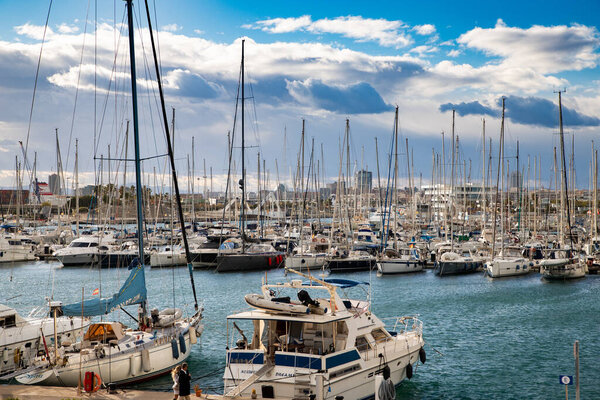 VALENCIA , SPAIN - DECEMBER 6, 2021: Yachts and boats in Valencia marina