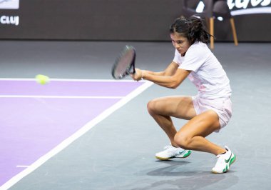 CLUJ-NAPOCA, ROMANIA - 23 OCT 2021: Emma Raducanu of Great Britain  in action during  a match at WTA Transylvania Open International Tennis Tournament.