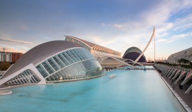 VALENCIA , SPAIN - DECEMBER 6, 2021: The city of the Arts and Sciences, Ciudad de las Artes y las Ciencias at sunset in Valencia, Spain.