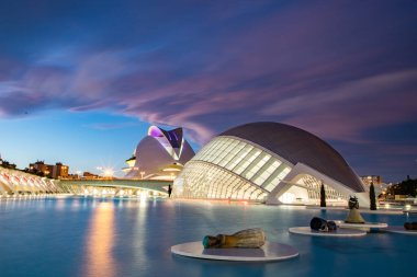 VALENCIA , SPAIN - DECEMBER 6, 2021: The city of the Arts and Sciences, Ciudad de las Artes y las Ciencias at sunset in Valencia, Spain.