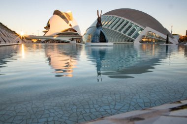 VALENCIA , SPAIN - DECEMBER 6, 2021: The city of the Arts and Sciences, Ciudad de las Artes y las Ciencias at sunset in Valencia, Spain.