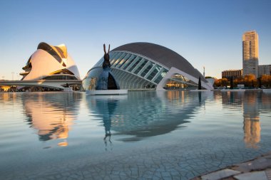 VALENCIA , SPAIN - DECEMBER 6, 2021: The city of the Arts and Sciences, Ciudad de las Artes y las Ciencias at sunset in Valencia, Spain.