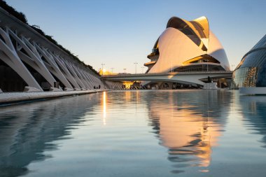 VALENCIA , SPAIN - DECEMBER 6, 2021: The city of the Arts and Sciences, Ciudad de las Artes y las Ciencias at sunset in Valencia, Spain.