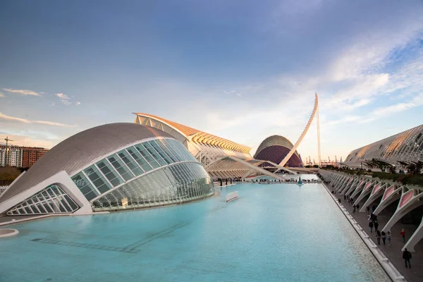 VALENCIA , SPAIN - DECEMBER 6, 2021: The city of the Arts and Sciences, Ciudad de las Artes y las Ciencias at sunset in Valencia, Spain.