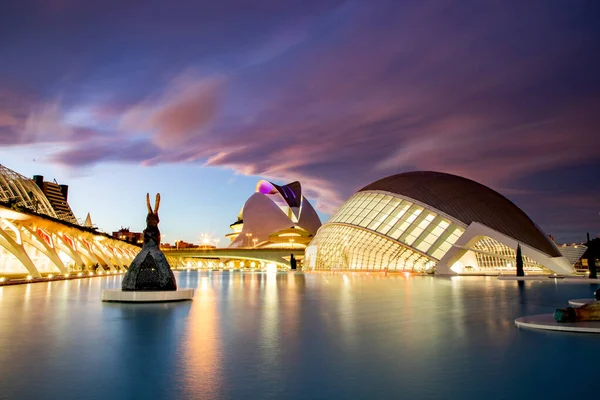 VALENCIA , SPAIN - DECEMBER 6, 2021: The city of the Arts and Sciences, Ciudad de las Artes y las Ciencias at sunset in Valencia, Spain.