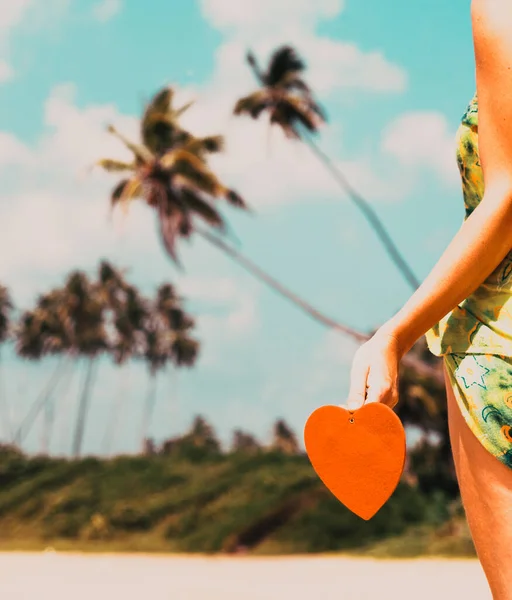 Woman Holding Red Heart Tropical Beach Happy Velentines — Zdjęcie stockowe