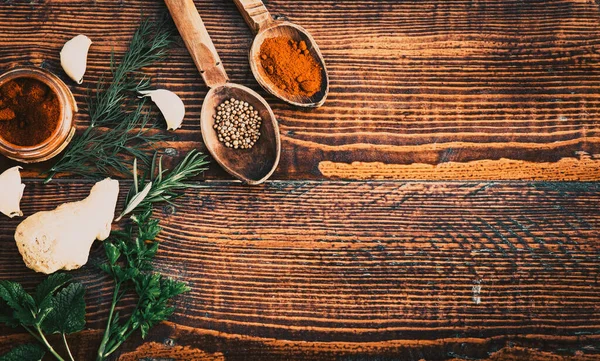 Tabletop View Spices Coriander Ginger Parsley Paprika — Stock Fotó