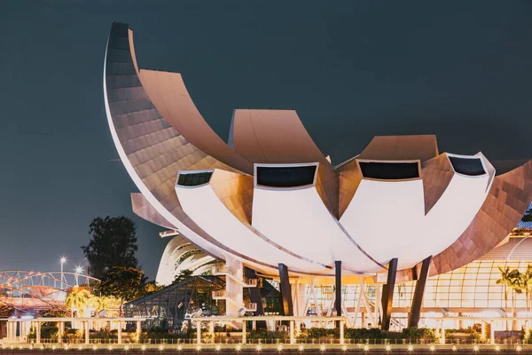 SINGAPORE, SINGAPORE - Mart 2019: Marina Körfezi kumları, Sanat Bilimi müzesi, gökdelenler ve turist tekneleri ile Singapur Marina Körfezi 'nin gece silueti