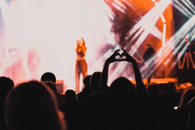 Konserdeki kalabalık ve sahne ışıklarındaki siluetler