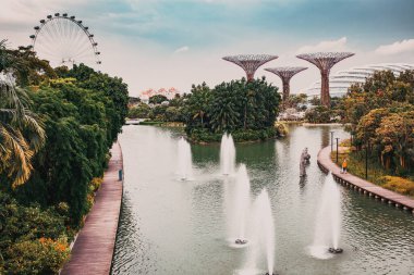 SINGAPORE, SINGAPORE - Mart 2019: Marina Bay Sands Oteli yakınlarındaki Singapur Körfezi yakınlarındaki Gardens 'taki Supertree Grove