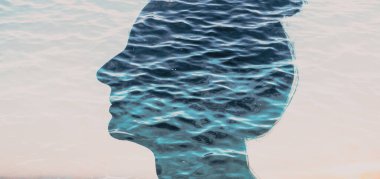 mindfulness and mental health concept double exposure of woman head and calm  sea waves clipart