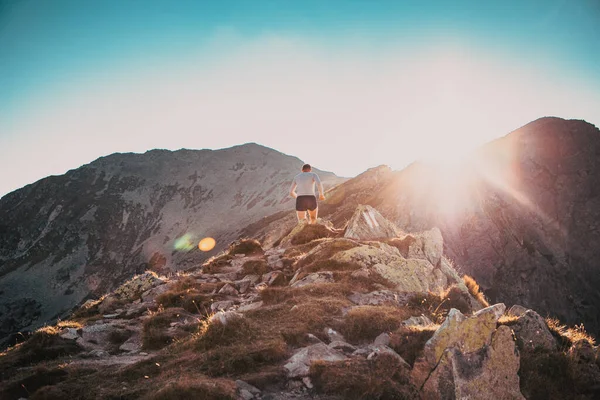Trail Runner Hardlopen Het Berglandschap Bij Zonsondergang Actieve Levensstijl — Stockfoto