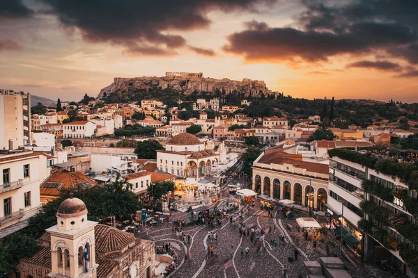 Aerial Panoramic View Monastiraki Square Acropolis Sunset Athens Greece — Stock Photo, Image