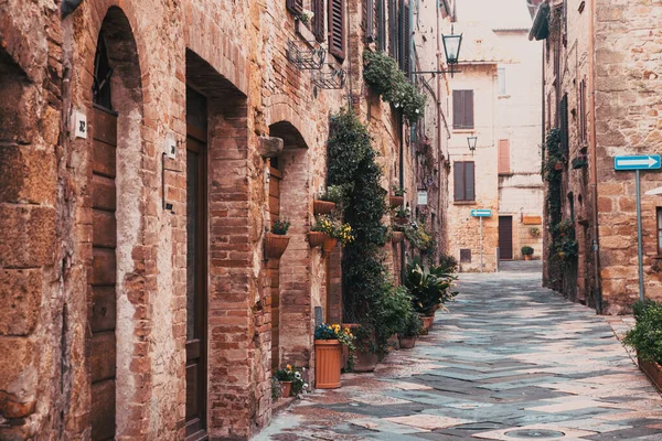 Ruas Manhã Nebulosa Pienza Toscana Itália — Fotografia de Stock