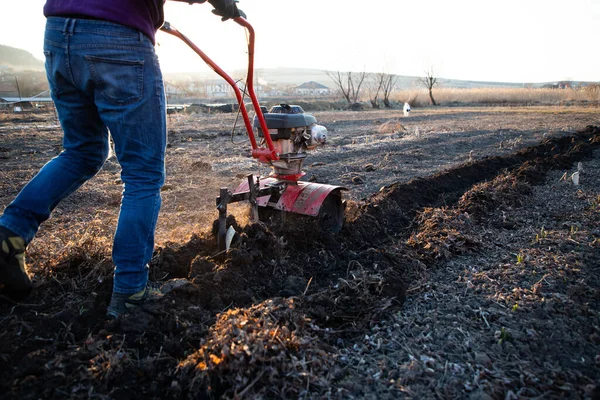 Człowiek Pielęgnuje Ziemię Ogrodzie Pomocą Sterownicy Przygotowującej Glebę Siewu — Zdjęcie stockowe