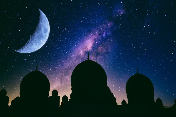Silhueta Mesquita Noite Ramadã Eid Mubarak Fundo — Fotografia de Stock
