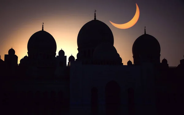 Silhouette Moschea Notte Ramadan Eid Mubarak Sfondo — Foto Stock