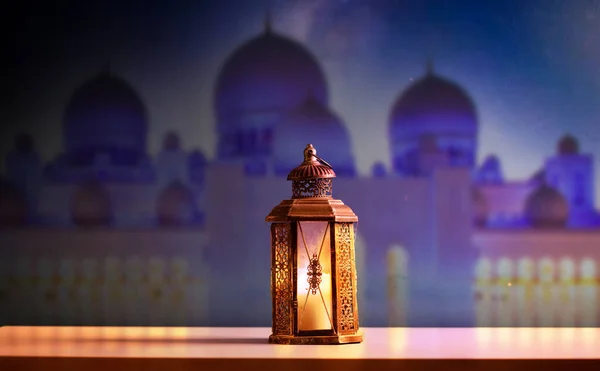 Ramadan Kareem Greeting Photo Serene Mosque Background Beautiful Glowing Lantern — Stock Photo, Image