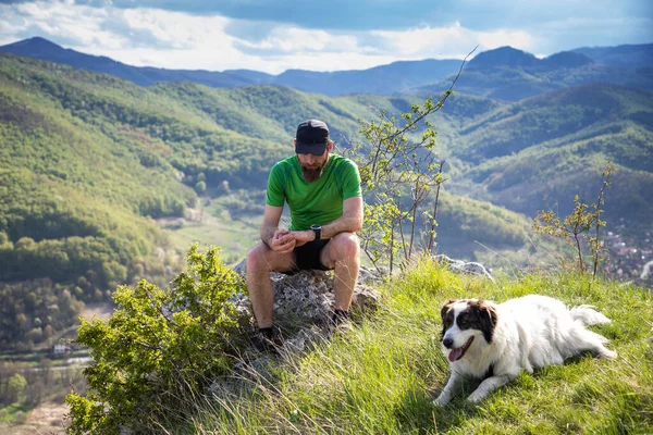 Man Trekking Summer Landscape Dog — Stock Photo, Image