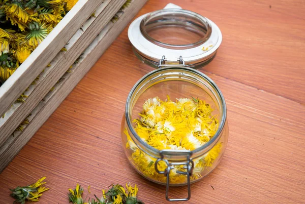 Preparation Dandelion Syrup Honey Fresh Dandelions — Foto Stock