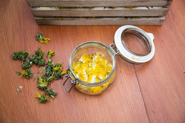 Preparation Dandelion Syrup Honey Fresh Dandelions — Stock Fotó
