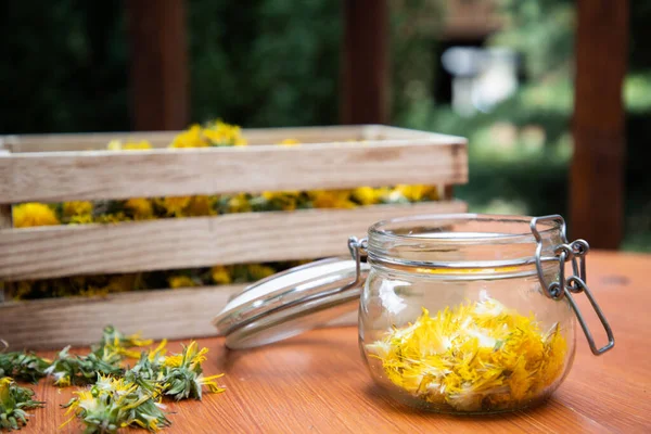 Preparation Dandelion Syrup Honey Fresh Dandelions — Stockfoto