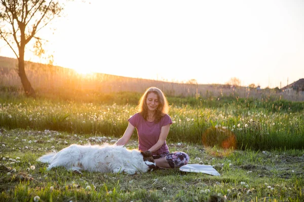 Vrouw Doet Yoga Met Hond Bij Zonsondergang — Stockfoto