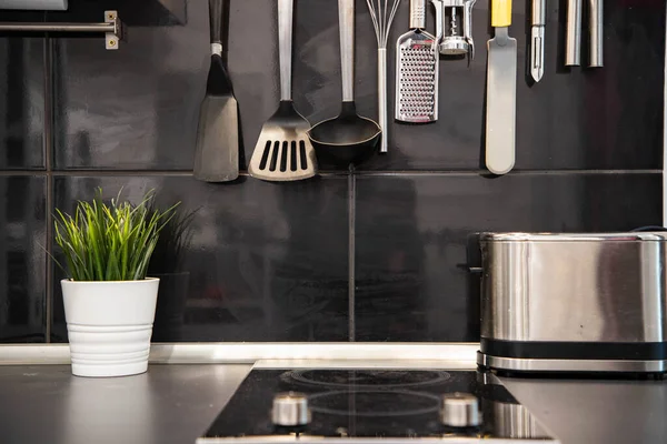 Intérieur Cuisine Moderne Noir Blanc — Photo