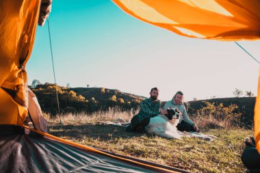 Mutlu arkadaşlar sonbahar manzarasında köpeklerle kamp yapıyor.