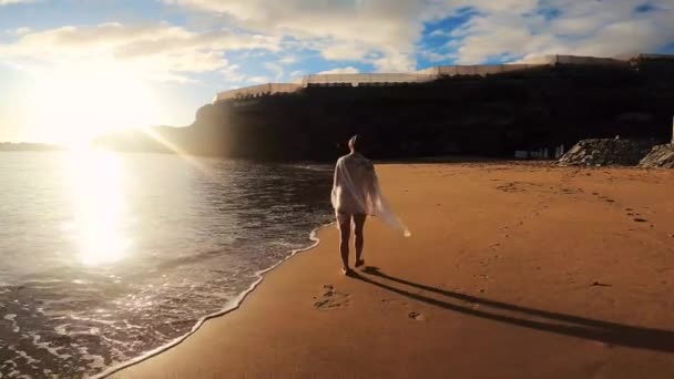 Mulher Andando Praia Pôr Sol Gráficos De Vetor