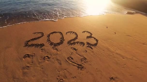 New Year Beach Woman Writing 2023 Sand — Videoclip de stoc