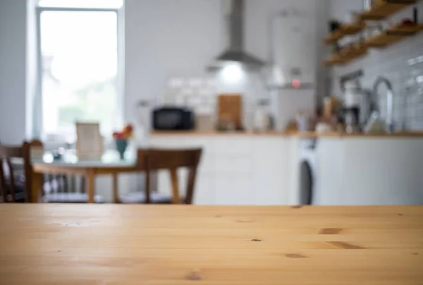 Empty Wooden Tabletop Blurred Kitchen Mock Product Display — 스톡 사진