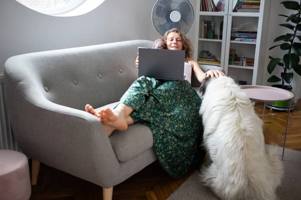 Woman White Dog Relaxing Sofa — Foto Stock