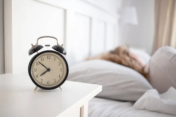 Alarm Clock Woman Sleeping Bed Sleep Quality — Fotografia de Stock