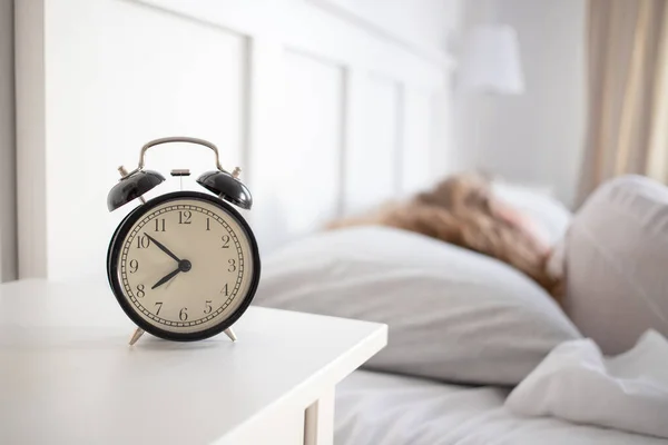 Alarm Clock Woman Sleeping Bed Sleep Quality — Stockfoto