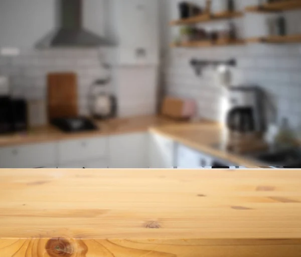 Empty Wooden Tabletop Blurred Kitchen Mock Product Display — Stock fotografie