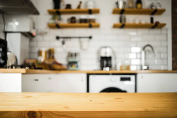 Empty Wooden Tabletop Blurred Kitchen Mock Product Display — ストック写真