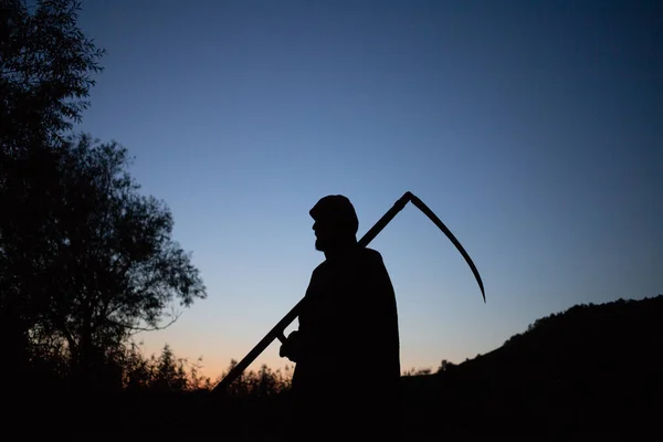 Grim Reaper Death Itself Scary Horror Shot Grim Reaper Holding — Stockfoto