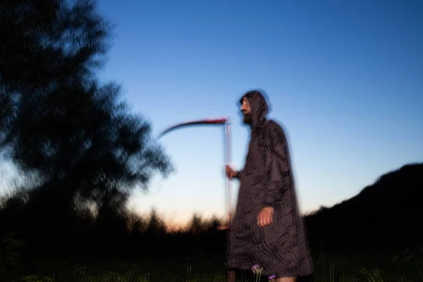 Grim Reaper Death Itself Scary Horror Shot Grim Reaper Holding — Stockfoto