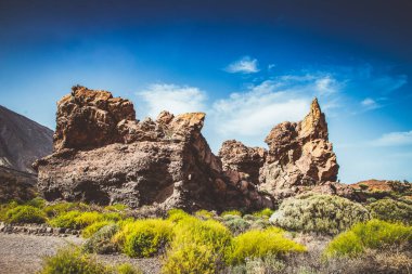 Teide Ulusal Parkı Tenerife Kanarya Adaları 'ndaki roques de Garcia Taşı ve Teide Dağı volkanı İspanya