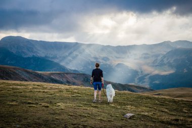 woman and dog watching amazing panorama of heavenly lights at sunset in high mountains 