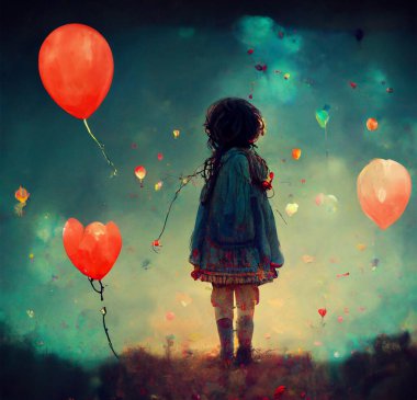 little girl in a fairy tale world with red heart balloons