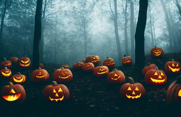 Carved Halloween Pumpkins Glowing Dark Foggy Forest — Fotografia de Stock