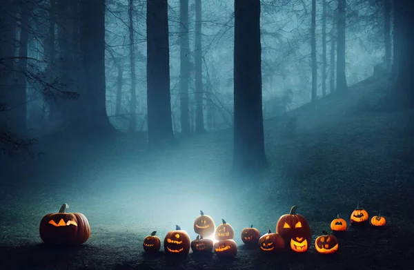 Carved Halloween Pumpkins Glowing Dark Foggy Forest — Stok fotoğraf