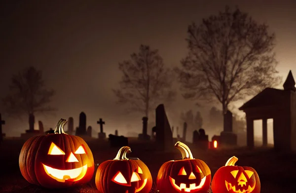 Carved Halloween Pumpkins Glowing Dark Foggy Forest — Stock fotografie