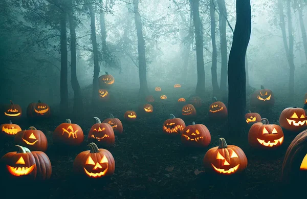 Carved Halloween Pumpkins Glowing Dark Foggy Forest — стоковое фото