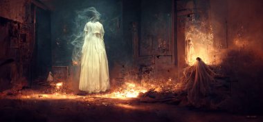 ghost woman in abandoned building Halloween background clipart