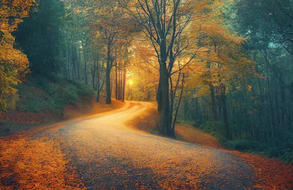 Strada Sinuosa Nella Colorata Foresta Autunnale Luce Del Tramonto Illustrazione — Foto Stock